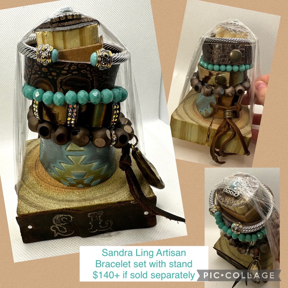$140 ⭐️NEW Sandra Ling Leather Bangle & Stretch Bracelet Set Stack Tower Stand